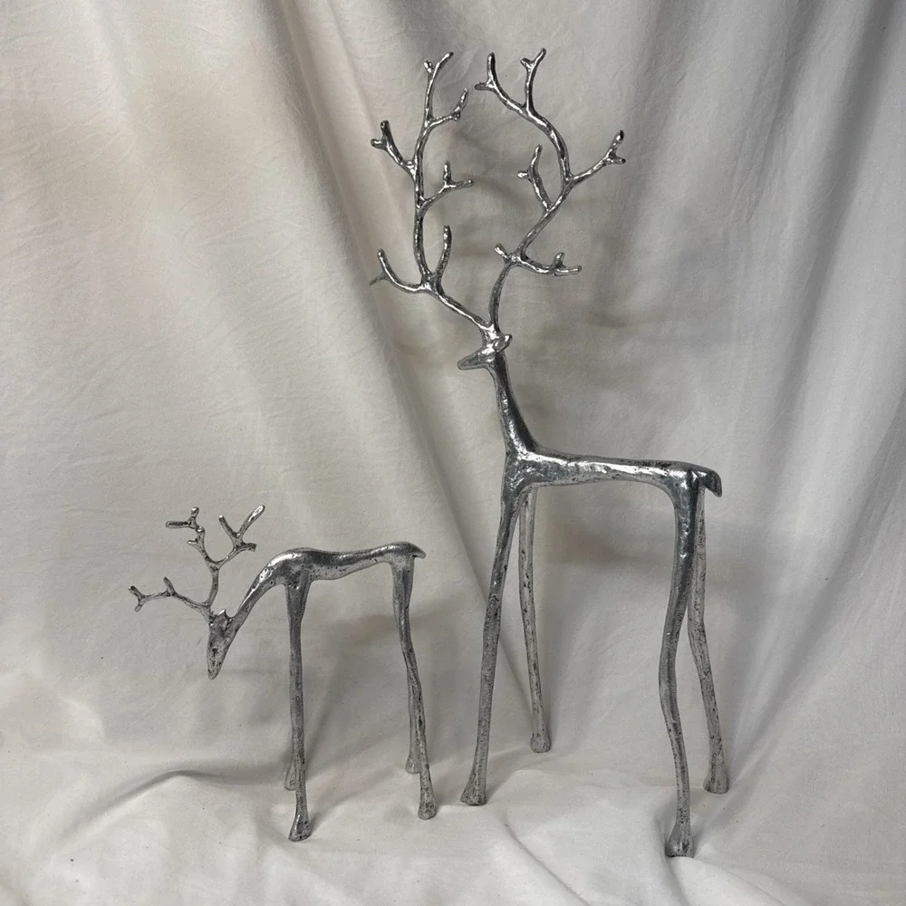 Pottery Barn Christmas Metal Sculpted Twig Silver Pewter Tall Reindeer Pair 2
